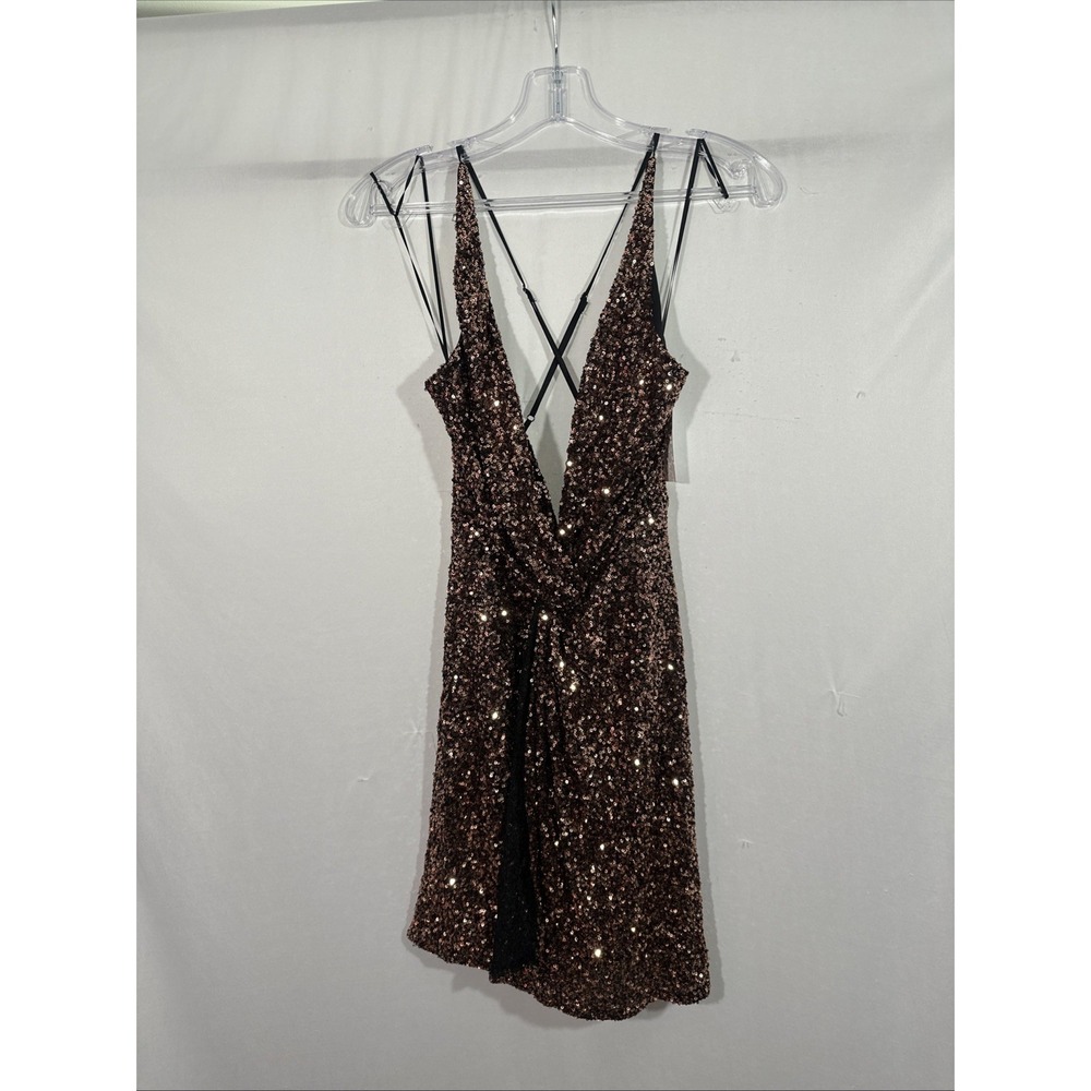 ASTR Bronze Sequin Twist-Front Mini Dress - Picture 8 of 14